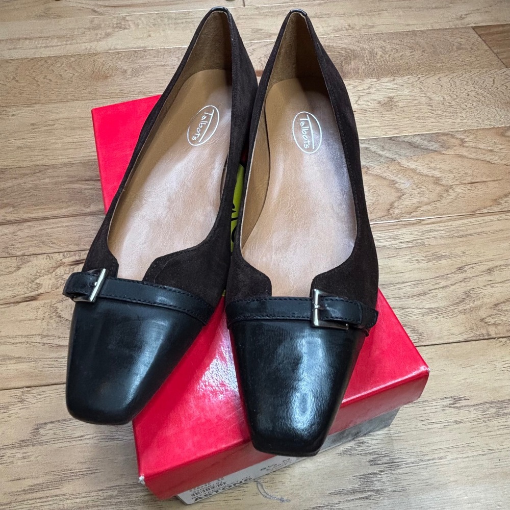 Talbots Aston6 Flats Women 8.5 Brown Black Suede Leather Square Toe Buckle Shoes